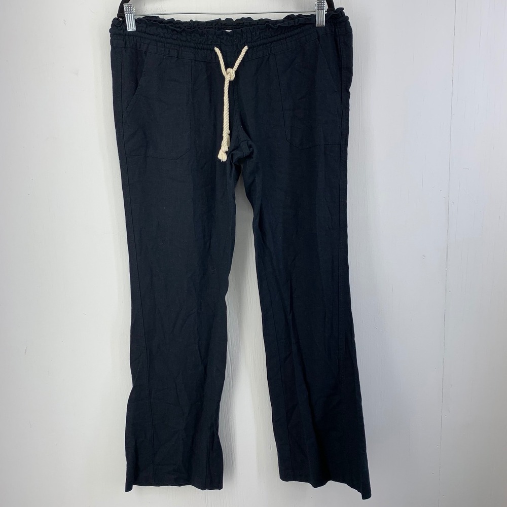 Roxy Womens Large Linen Blend Flare Leg Drawstring Pants Beach Surfer Natural